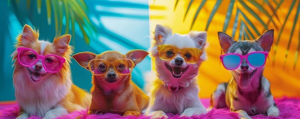 Animal daycare center, pets in playful actions, vibrant neon colors, dynamic pop art style