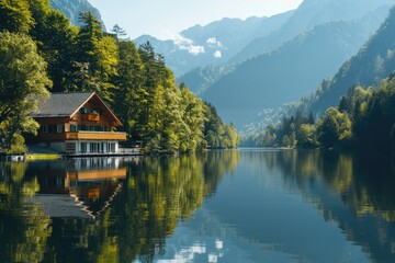 Obraz premium Water Reflection. Majestic river view with tree reflections on clear sky background