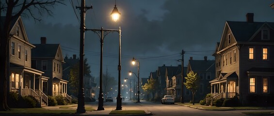 Panoramic view of a quiet street in old town at night