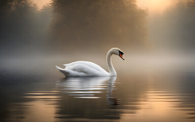 Elegant swan on a misty lake