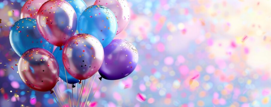 Colorful balloons and confetti on blurred background for birthday party celebration or other events