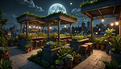 garden at night with full moon. 3d render illustration.
