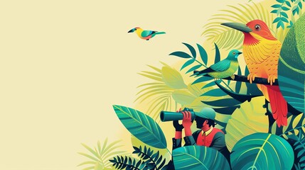 Naklejka premium Bird watching club, enthusiasts with binoculars, lush environment, vibrant, detailed bird illustrations