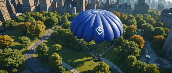 Ethereum symbol flying in a hot air balloon. 3D rendering