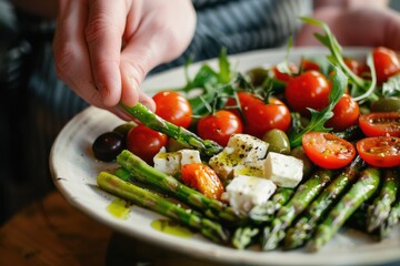 Vegetarianism. Person Eating Roasted Asparagus with Tomatoes, Olives, Cheese and Arugula