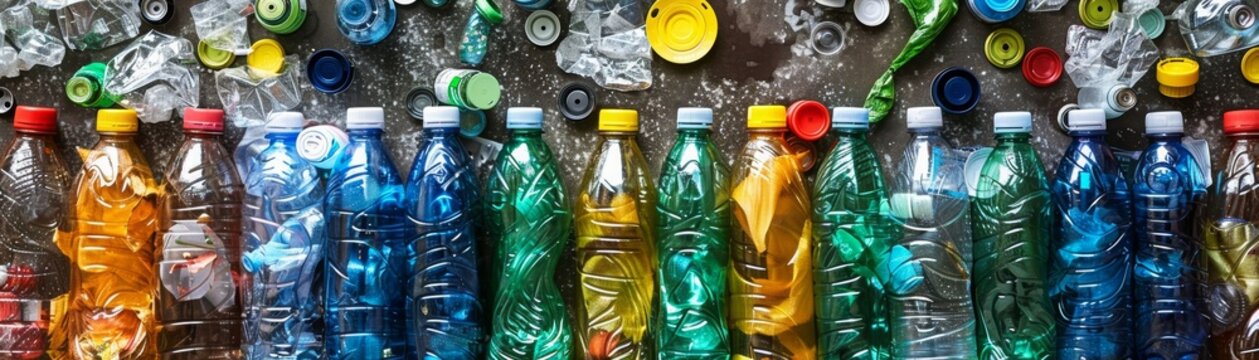 This image shows a bunch of colorful plastic bottles on the ground