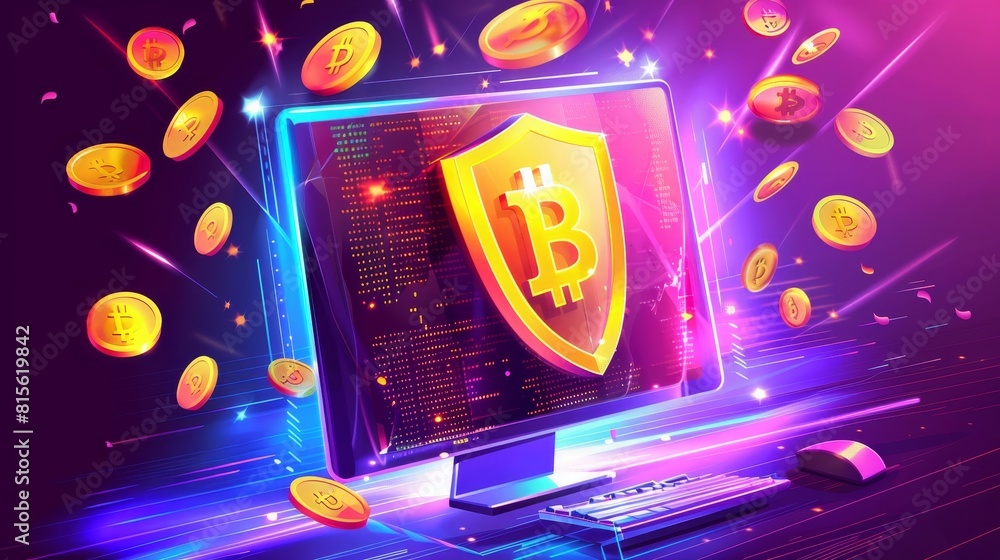 Poster modern illustration of cryptocurrency mining using an isometric style. computer screen with a golden