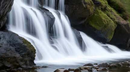 Obraz premium A crystal clear waterfall cascading down a rocky cliff, the water splashing against the rocks in a satisfying rhythm