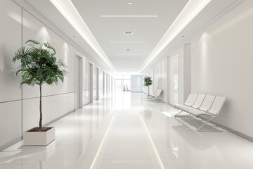Modern Waiting Room. Empty Office Area Mockup in White Hospital Lobby with Poster on the Side
