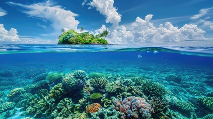 Island Ocean. Tropical Paradise View of Underwater Coral reef with Blue Ocean