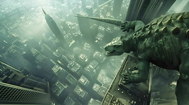 A giant reptile is getting ready to attack the city from above