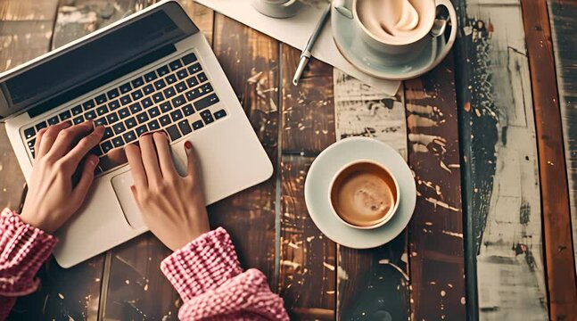 A woman working from a coffee shop, coffee on the table, and one of the coffees is swirling 