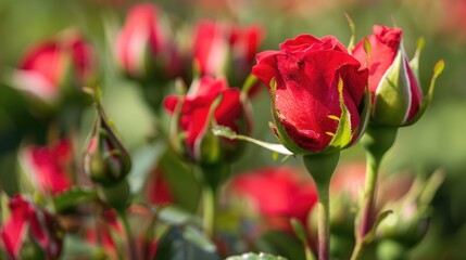 Fototapeta premium Close up view of large red rose buds in the foreground