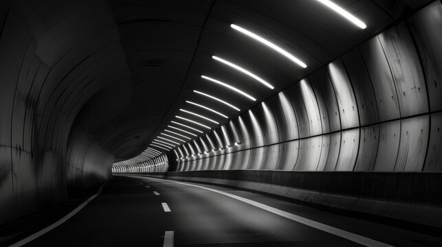 Fototapeta Black White Abstract. Monochrome Road Tunnel Architecture with Dramatic Light Shapes