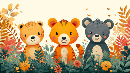 Funny cute animals in wild nature. Cartoon animal characters for wall art print, poster, banner and children books. Art drawing children's animals.