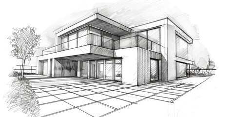 House Drawing. Linear Architectural Sketch of Detached House with Vignetting Effect