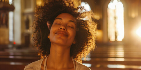 Happy woman with closed eyes and open mouth breathing fresh air in a church, peaceful moment of...