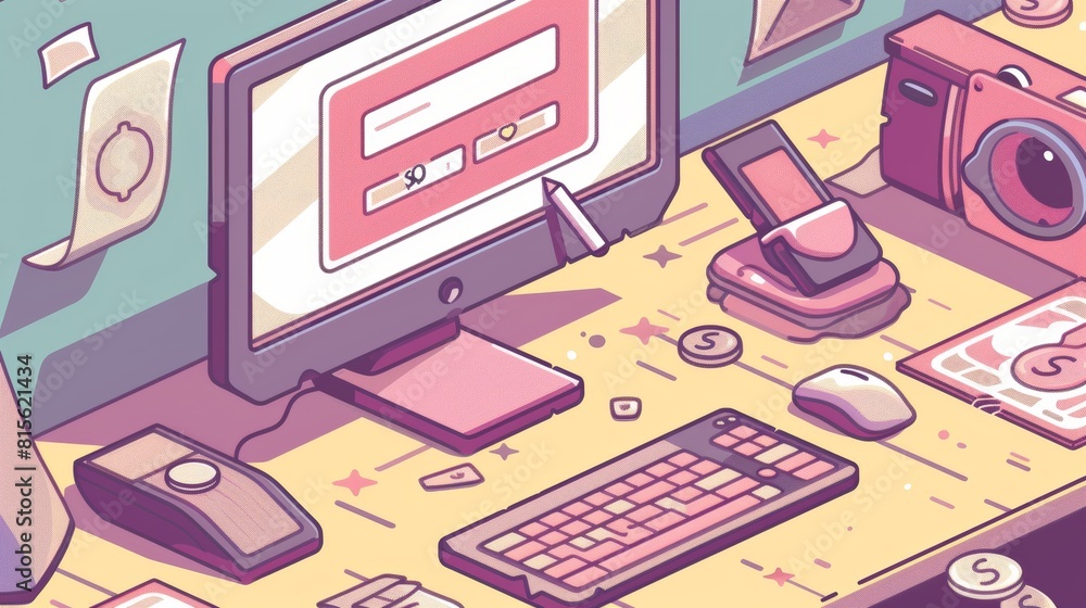 Aufkleber computer desktop with cursor clicking ad button, money bill around. pay-per-click isometric landing 