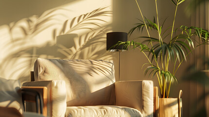 Stylish room interior with comfortable furniture and plant near beige wall : Generative AI