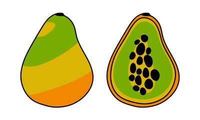 A set of vector illustrations depicting whole and sliced papaya, showing bright colors and detailed contours, is ideal for culinary and educational graphics. Cute illustration with outline and color