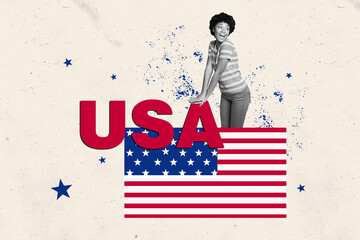 Composite collage image of funny cheerful female national independence america day fourth july...