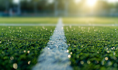 Naklejka premium Close up of white lines on the grass at a football field, 