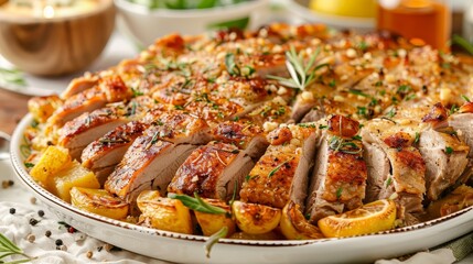 Juicy roast duck slices elegantly presented on a plate, set on a pristine white dining table