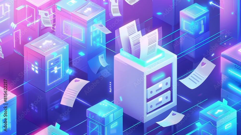 Poster isometric web banner showing document processing on a conveyor belt. hands working on a database, dr