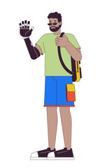 African american man waving prosthetic hand 2D linear cartoon character. Black male with disability isolated line vector person white background. Inclusion support color flat spot illustration