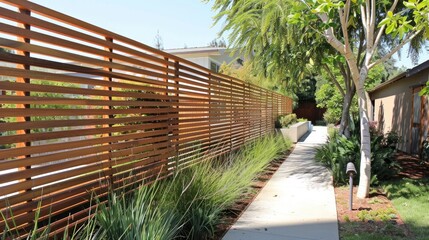 A modern fence, in harmony with nature, which keeps unauthorized people away from the house plot. Generative AI