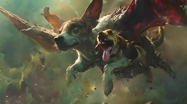Cute mutant dogs flying in the air with wings in a fantasy world 