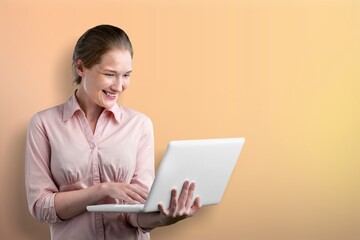 Photo of positive cheerful person hold laptop