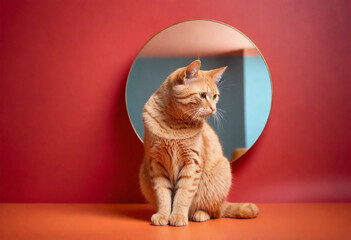 An orange cat sitting near a mirror on a pink background