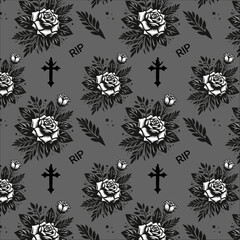 seamless pattern with flowers, leaves for funeral, vector illustration