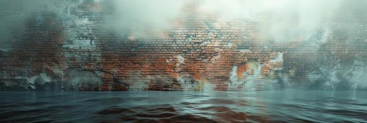 Weathered Brick Wall with Water Reflection in Misty Atmosphere
