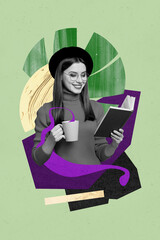 Vertical collage young beautiful girl read drink cup coffee bookworm store library hobby leisure excited carefree mood leaf background