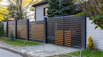 A modern fence, in harmony with nature, which keeps unauthorized people away from the house plot. Generative AI
