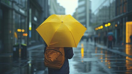 A person from back in the city center under a yellow umbrella while raining.
