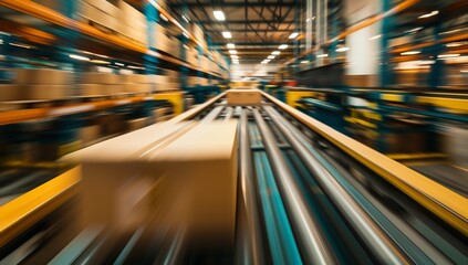High-Speed E-commerce: Boxes on Conveyor Belts in a Warehouse with Motion Blur