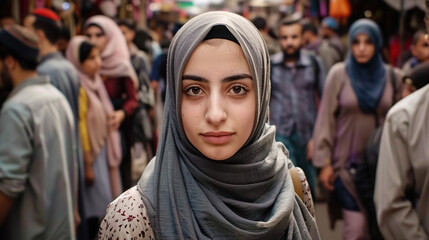 pretty, beautiful, very attractive middle eastern young woman looking at the camera posing at an Arab city market.