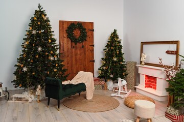 Beautifully decorated room with festive Christmas tree