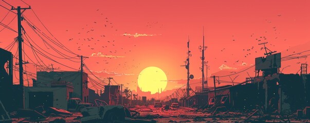 A post-apocalyptic wasteland, where survivors scavenge for resources among the ruins of civilization, eking out a meager existence in a world ravaged by catastrophe.   illustration.