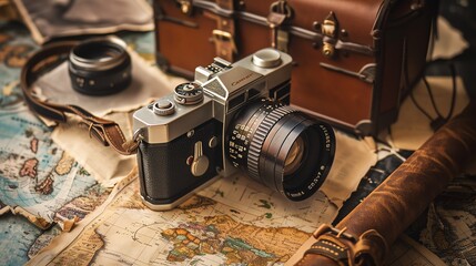 A photo of a vintage camera with a leather case