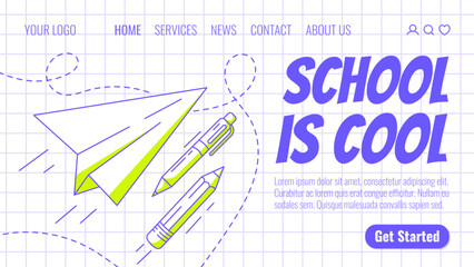 Paper airplane, school supplies, pen and pencil. Back to school, education, learning concept. Vector modern template for web, banner, poster, landing page, website. Checkered background