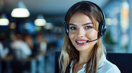 Call center, young woman and smile in contact us with CRM, headset with mic and mockup space. Customer service consultant, happy female and telemarketing with sales and help desk