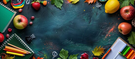 Banner with picture of school supplies, fruits on dark background, back to school background with copy space in the middle