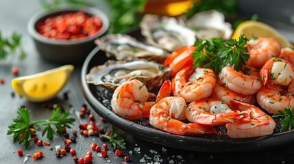A plate of fresh seafood with shrimp, oysters and lemon slices sits on a light background. Suitable for advertising seafood restaurants.