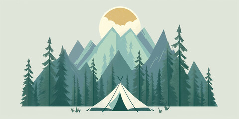 Tent in the forest with a view of the mountains. Hiking, recreation, tourism	