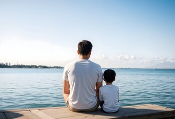 Young father with his son wearing white t-shirt sitting on shore of sea or ocean. Rear view. Mock up template for t-shirt design print