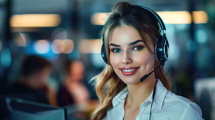 Call center, young woman and smile in contact us with CRM, headset with mic and mockup space. Customer service consultant, happy female and telemarketing with sales and help desk